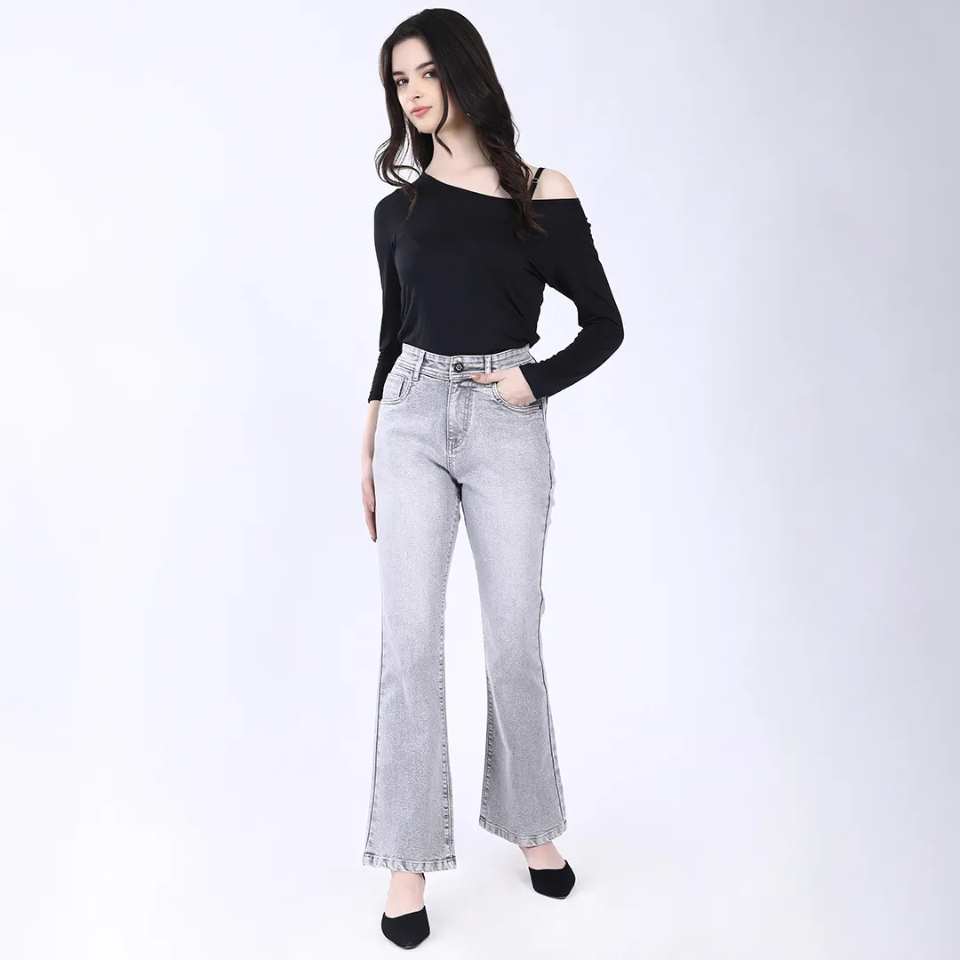 WOMEN'S FADED GREY MID RISE BELL BOTTOM JEANS