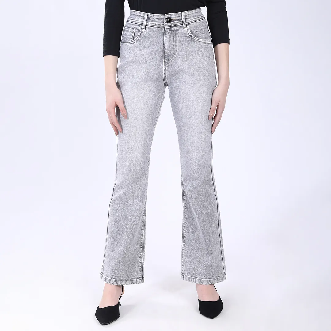 WOMEN'S FADED GREY MID RISE BELL BOTTOM JEANS