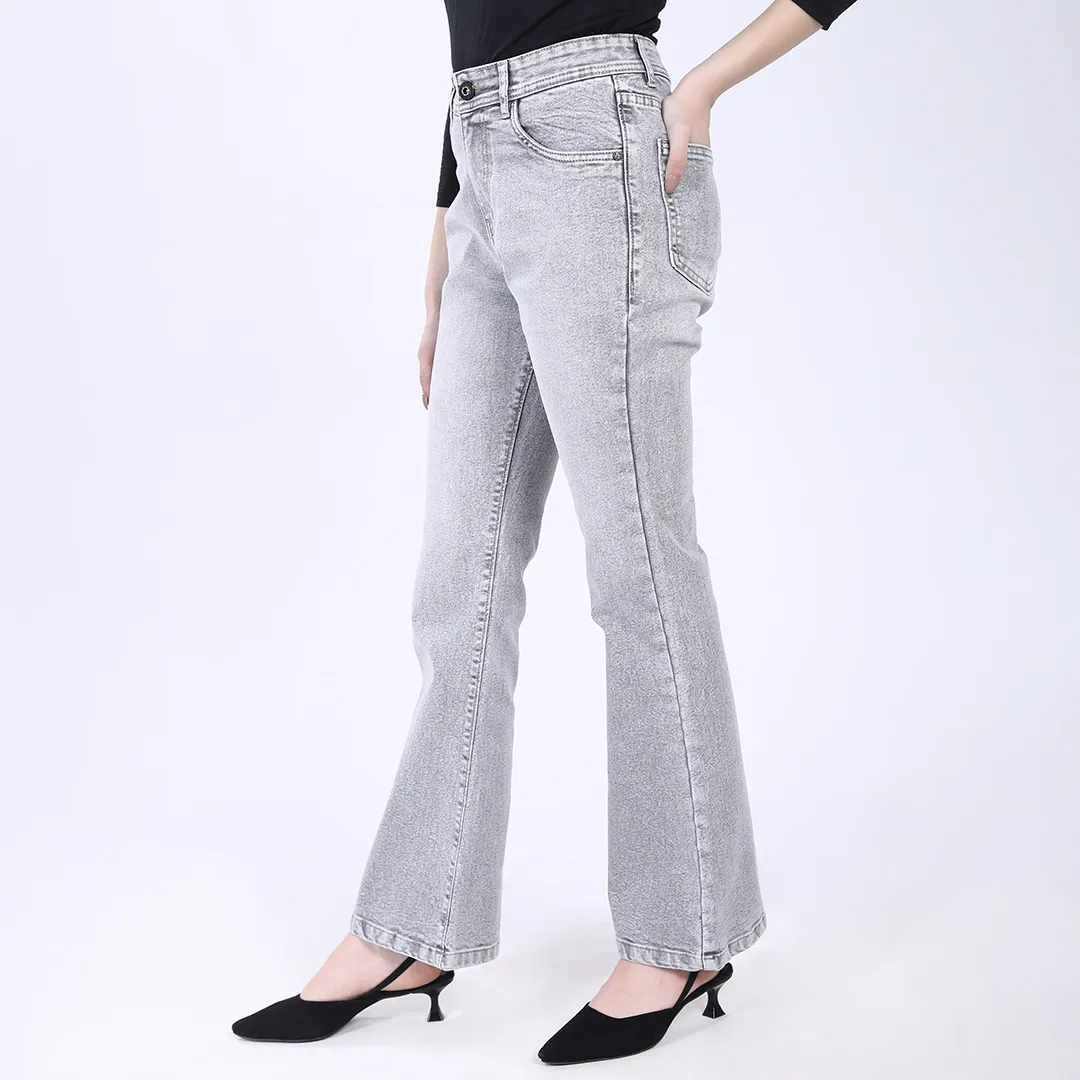 WOMEN'S FADED GREY MID RISE BELL BOTTOM JEANS