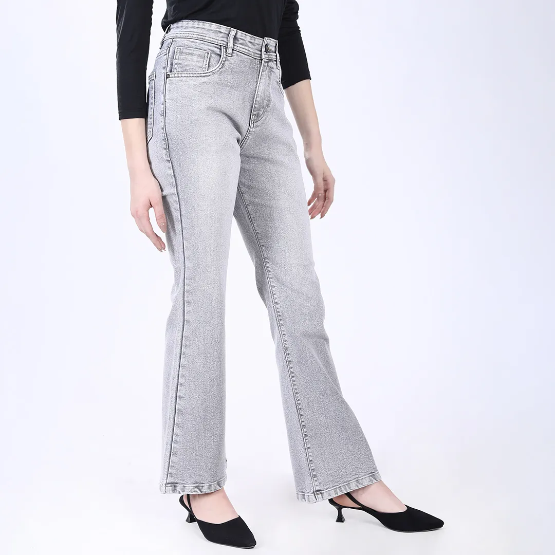 WOMEN'S FADED GREY MID RISE BELL BOTTOM JEANS
