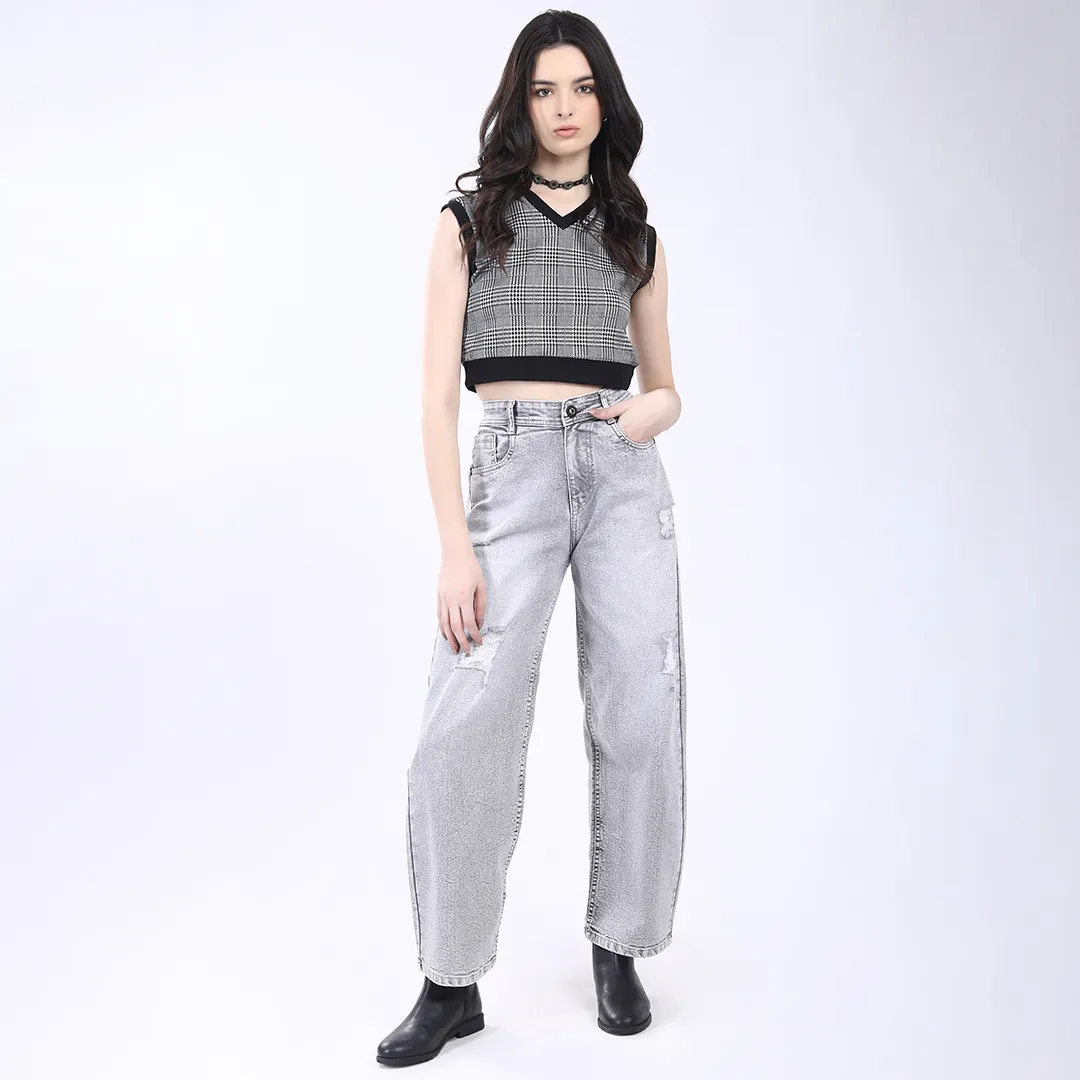 WOMEN'S L GREY HIGH RISE DISTRESSED BAGGY JEANS