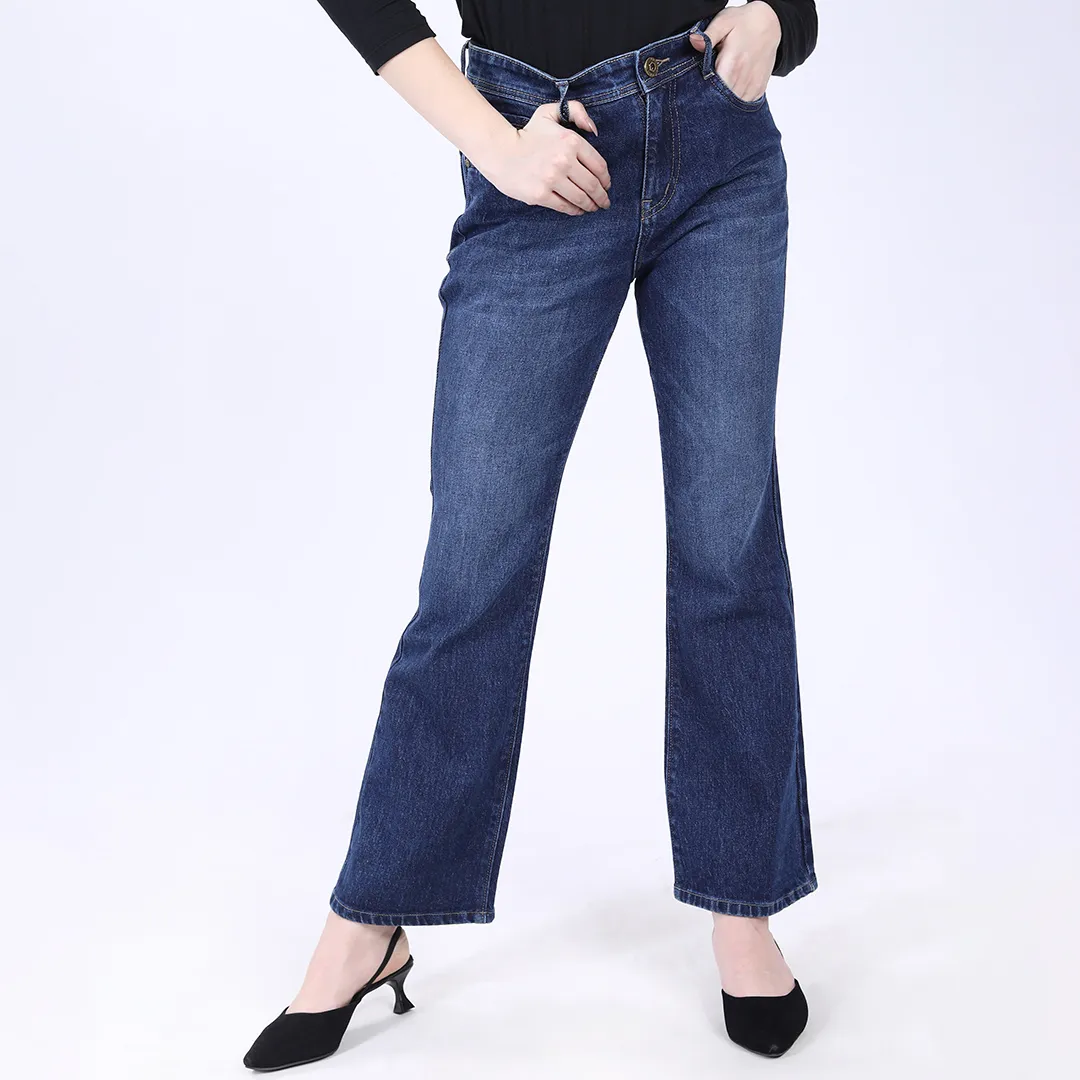WOMEN'S NAVY BLUE MID RISE BELL BOTTOM JEANS