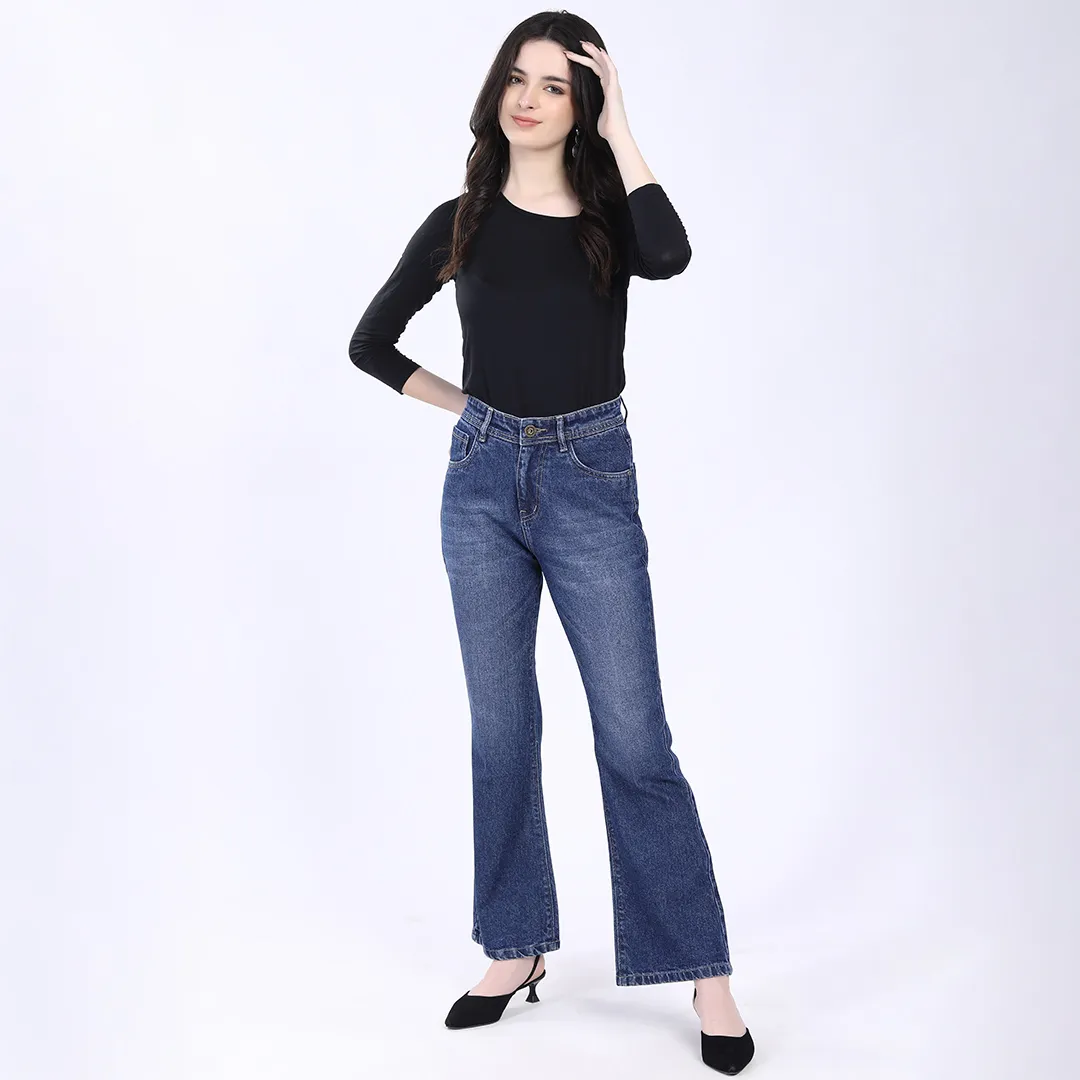 WOMEN'S BLUE MID RISE BELL BOTTOM JEANS