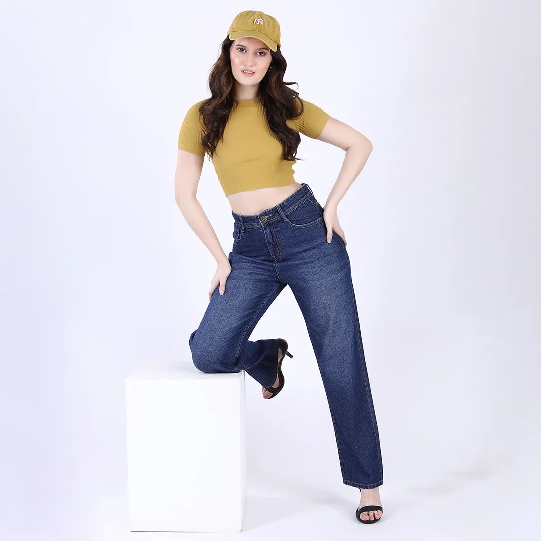 WOMEN'S NAVY BLUE MID RISE STRAIGHT FIT JEANS