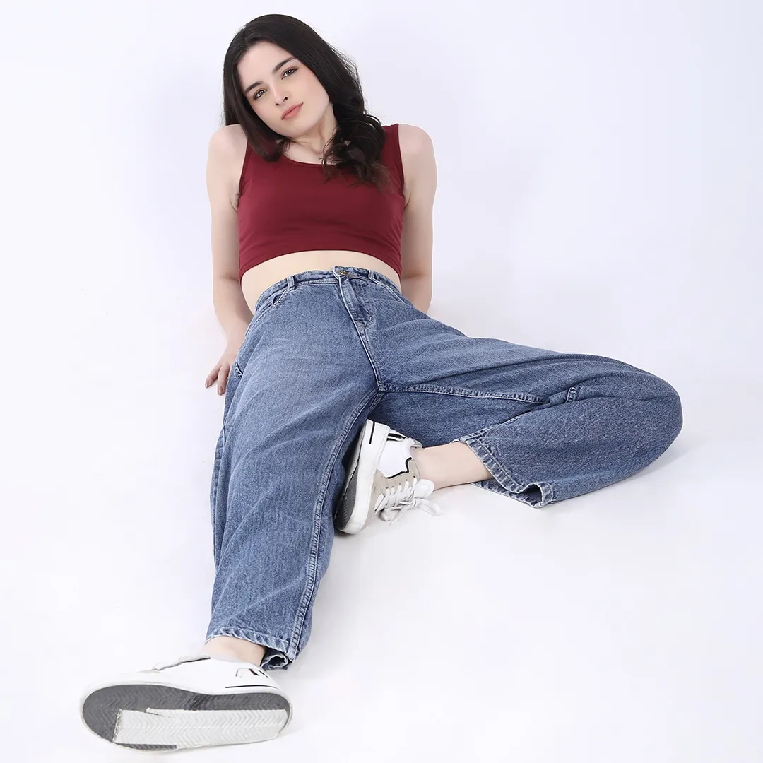 WOMEN'S FADED BLUE HIGH RISE BAGGY FIT JEANS