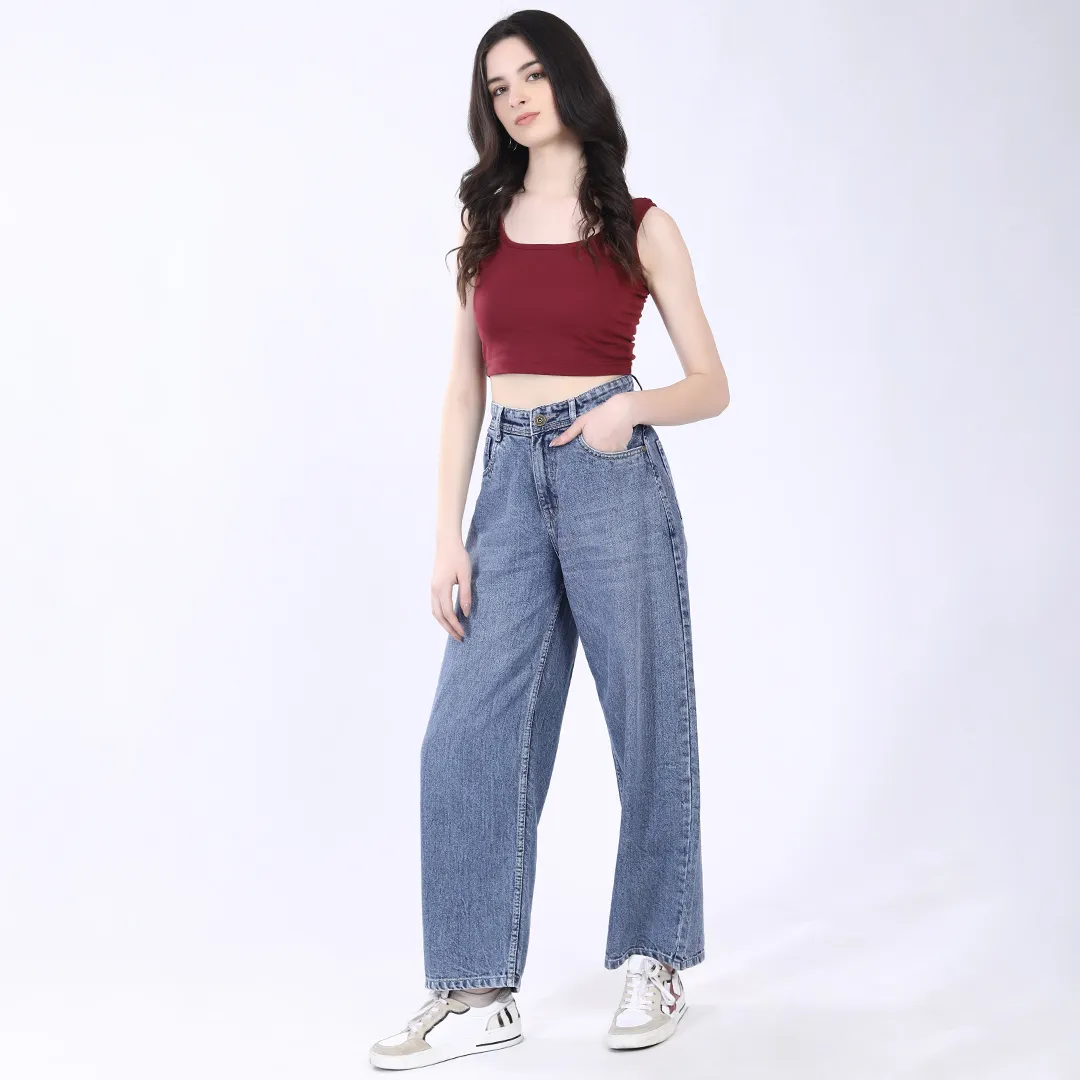 WOMEN'S FADED BLUE HIGH RISE BAGGY FIT JEANS