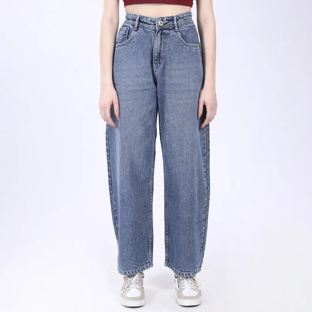 WOMEN'S FADED BLUE HIGH RISE BAGGY FIT JEANS