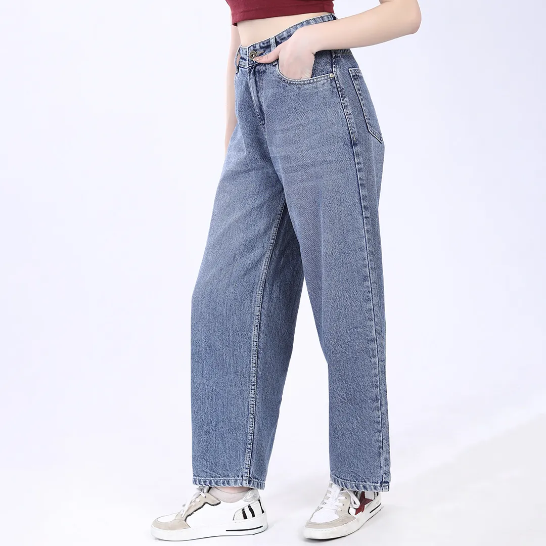 WOMEN'S FADED BLUE HIGH RISE BAGGY FIT JEANS