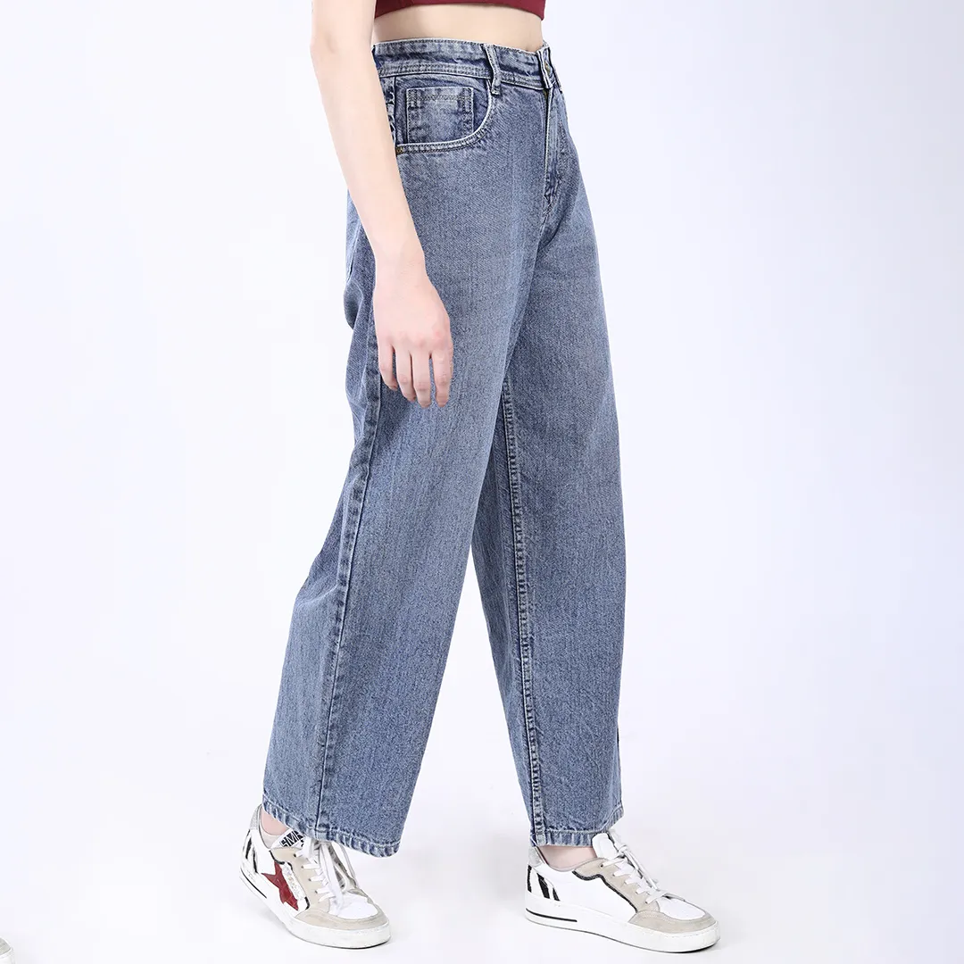 WOMEN'S FADED BLUE HIGH RISE BAGGY FIT JEANS