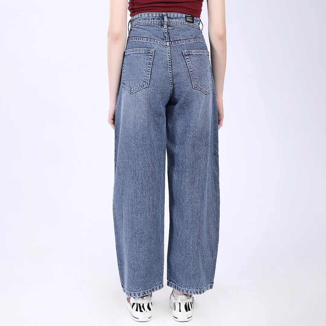 WOMEN'S FADED BLUE HIGH RISE BAGGY FIT JEANS