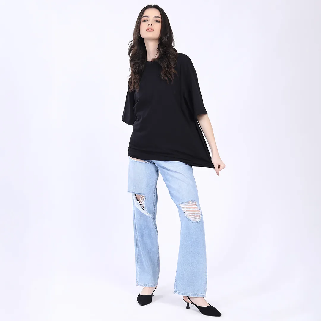 WOMEN'S L BLUE CURVE DISTRESSED BAGGY JEANS