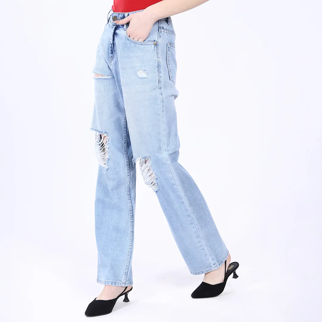 WOMEN'S L BLUE CURVE DISTRESSED BAGGY JEANS