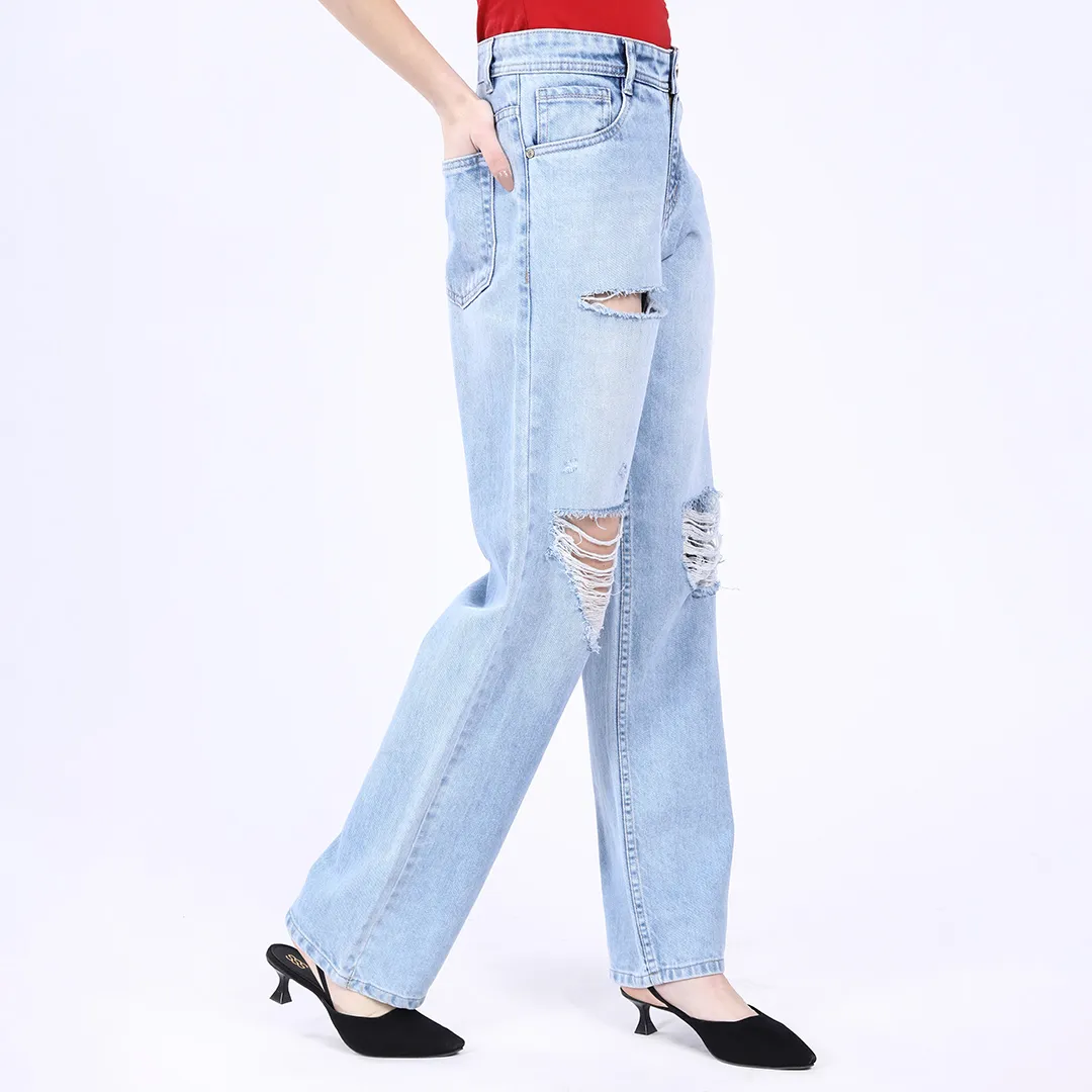 WOMEN'S L BLUE CURVE DISTRESSED BAGGY JEANS