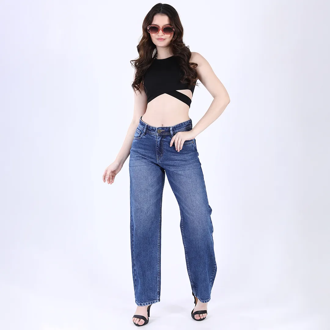 WOMEN'S BLUE MID RISE BAGGY FIT JEANS