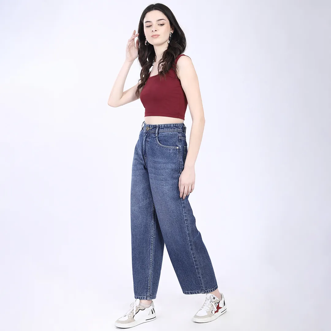 WOMEN'S FADED BLUE HIGH RISE BAGGY FIT JEANS