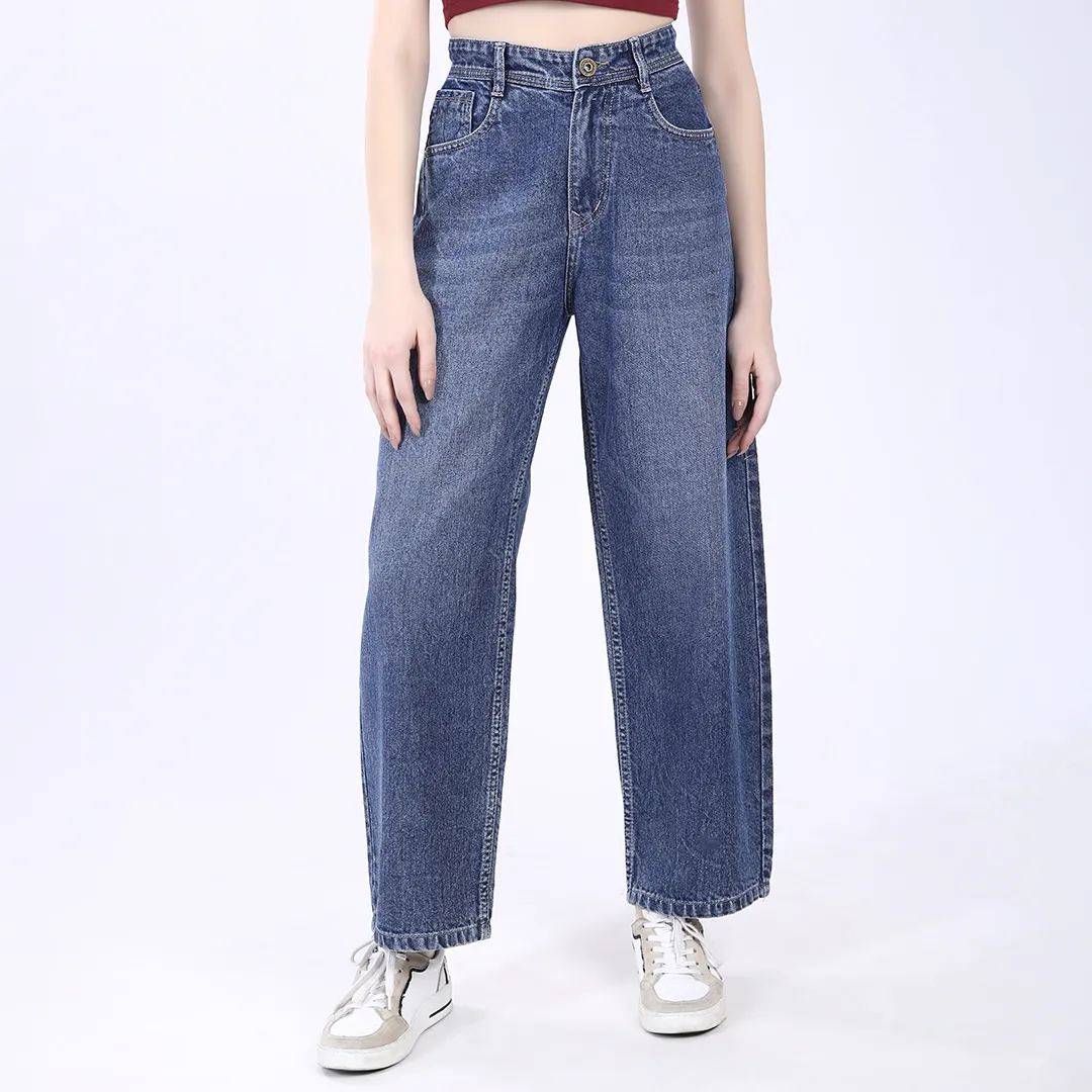 WOMEN'S FADED BLUE HIGH RISE BAGGY FIT JEANS