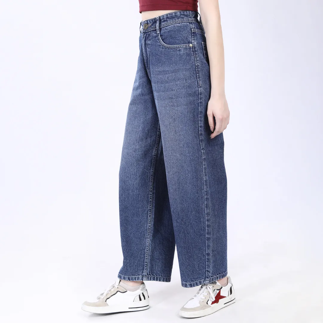 WOMEN'S FADED BLUE HIGH RISE BAGGY FIT JEANS