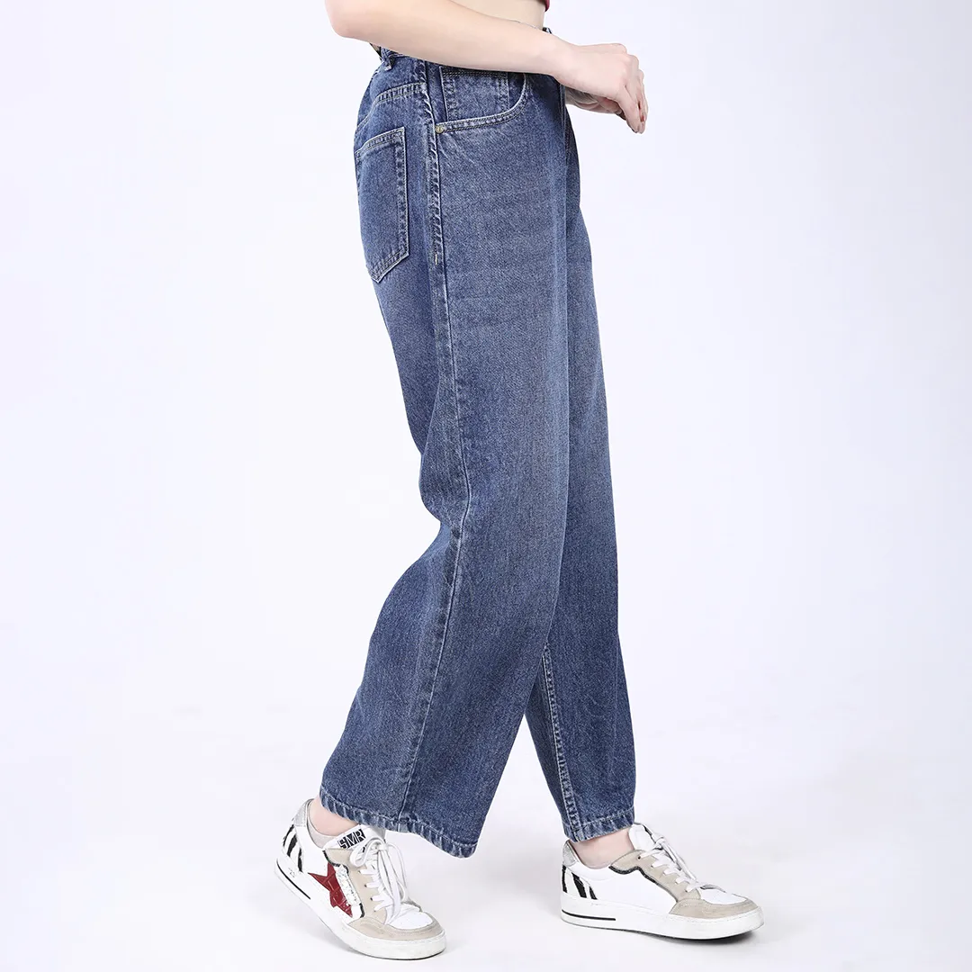 WOMEN'S FADED BLUE HIGH RISE BAGGY FIT JEANS