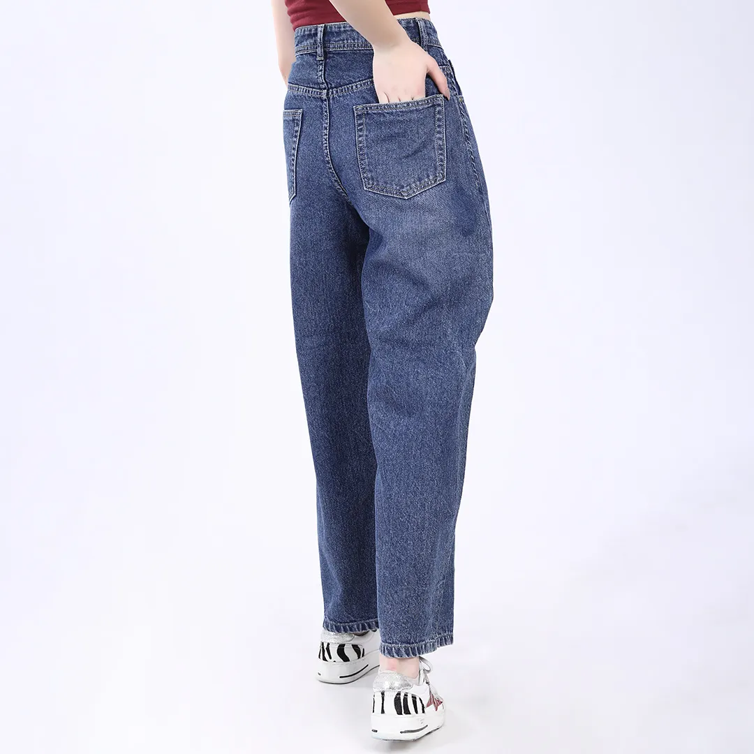 WOMEN'S FADED BLUE HIGH RISE BAGGY FIT JEANS