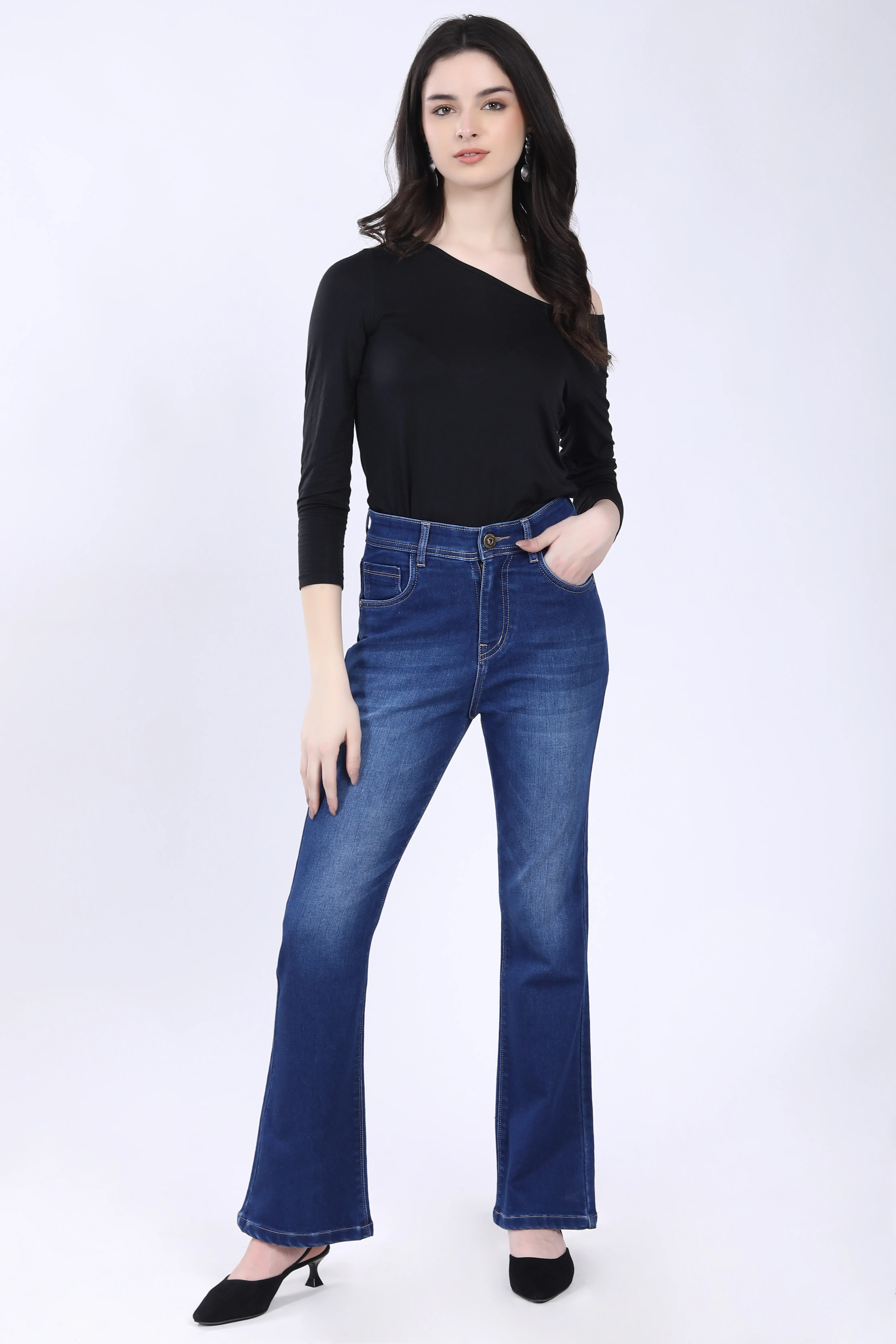 WOMEN'S NAVY BLUE MID RISE BELL BOTTOM JEANS