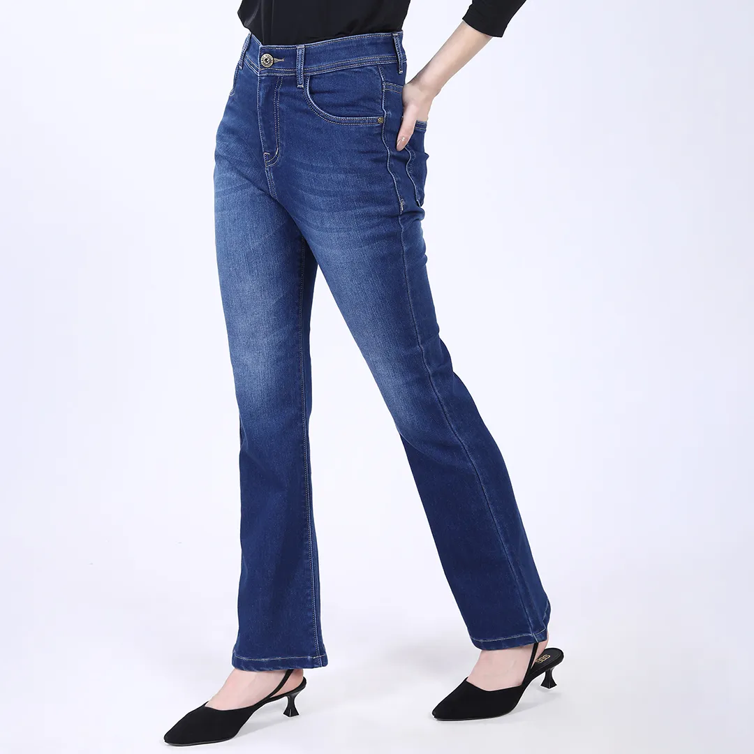WOMEN'S NAVY BLUE MID RISE BELL BOTTOM JEANS