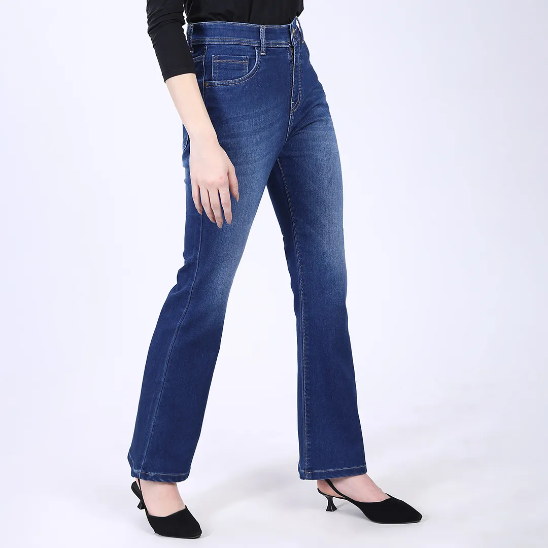 WOMEN'S NAVY BLUE MID RISE BELL BOTTOM JEANS