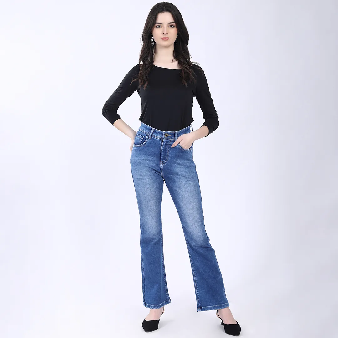 WOMEN'S BLUE MID RISE BELL BOTTOM JEANS