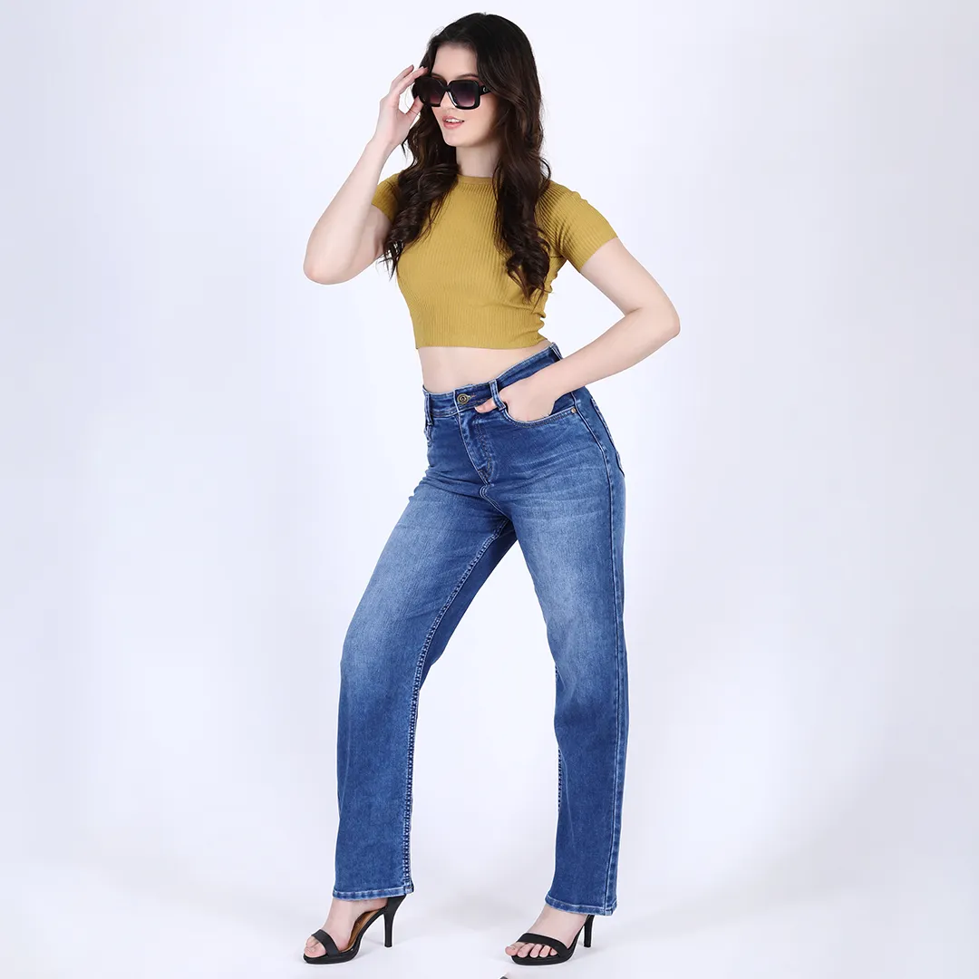 WOMEN'S NAVY BLUE MID RISE STRAIGHT FIT JEANS