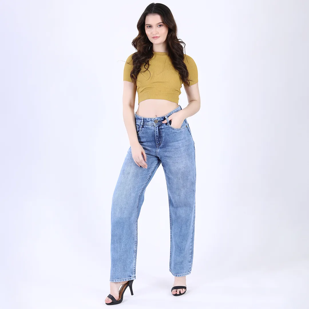 WOMEN'S SKY BLUE MID RISE STRAIGHT FIT JEANS