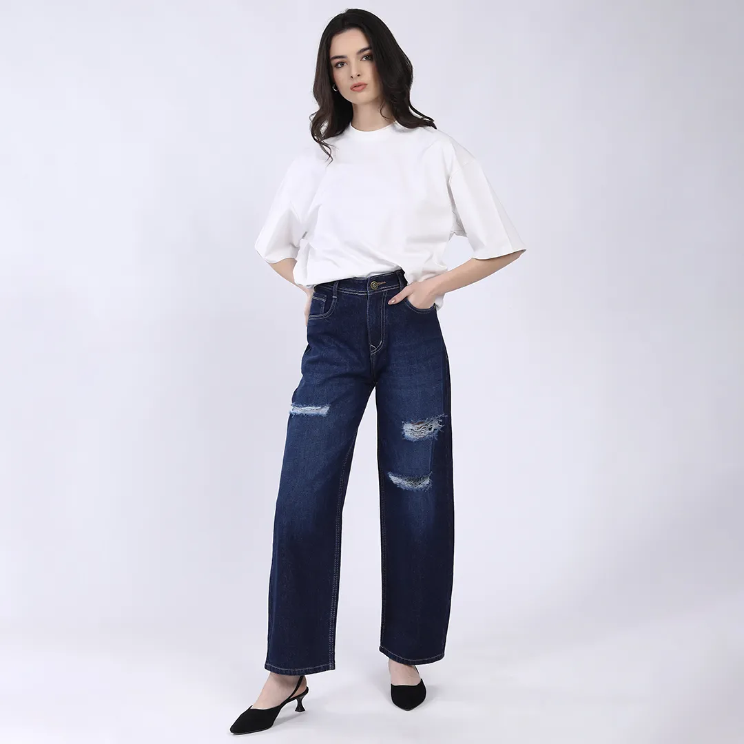 WOMEN'S NAVY BLUE CURVE DISTRESSED BAGGY JEANS