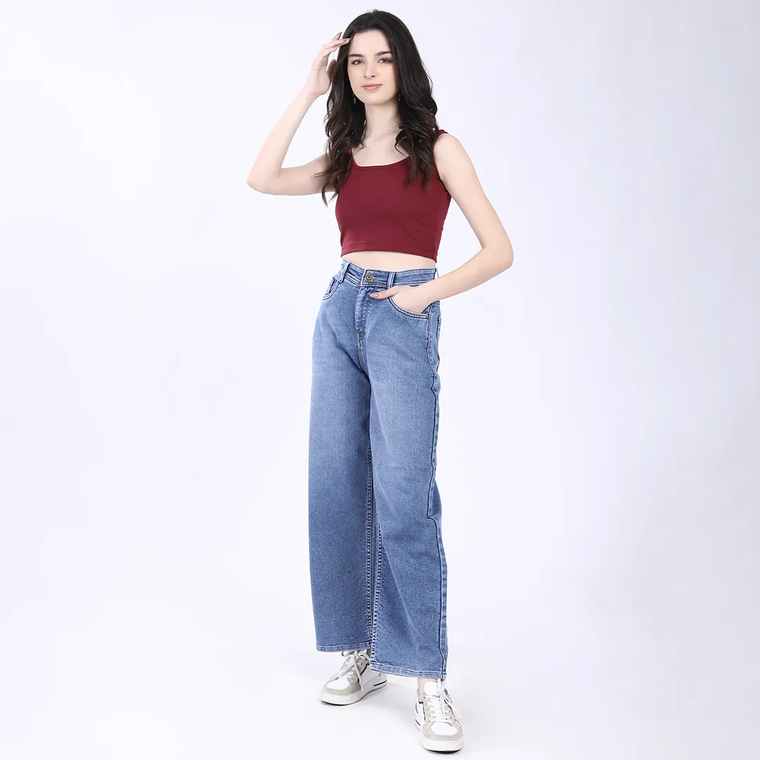 WOMEN'S SKY BLUE MID RISE BAGGY FIT JEANS
