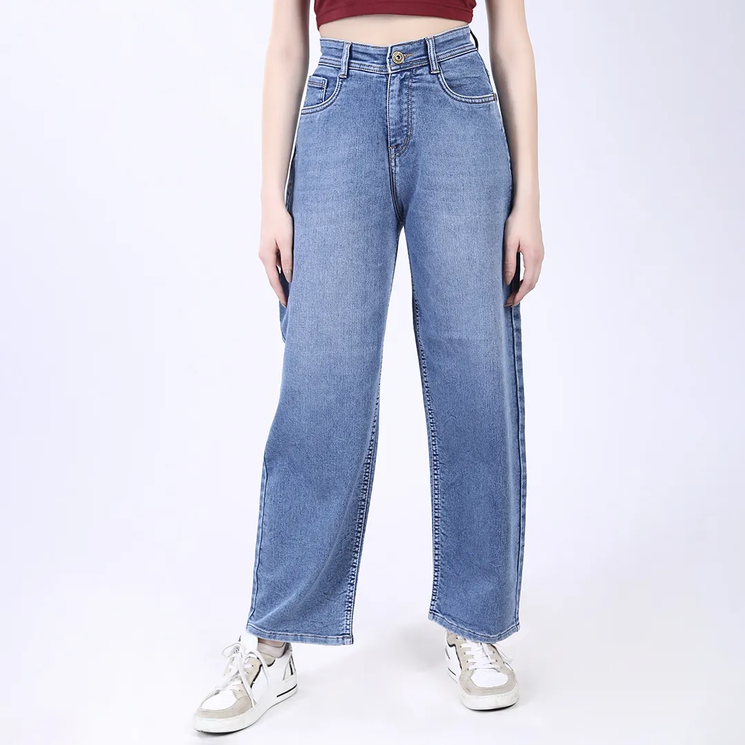 WOMEN'S SKY BLUE MID RISE BAGGY FIT JEANS