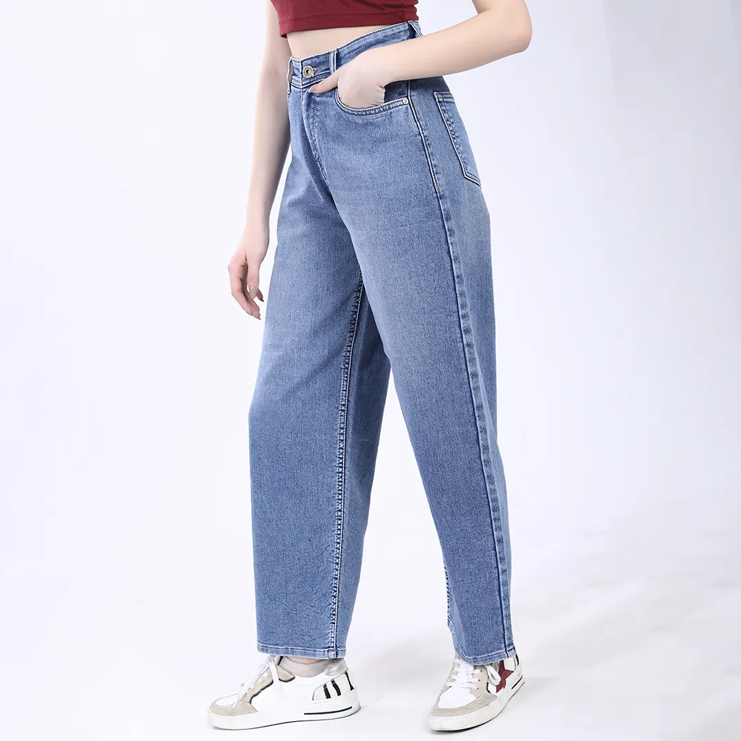 WOMEN'S SKY BLUE MID RISE BAGGY FIT JEANS