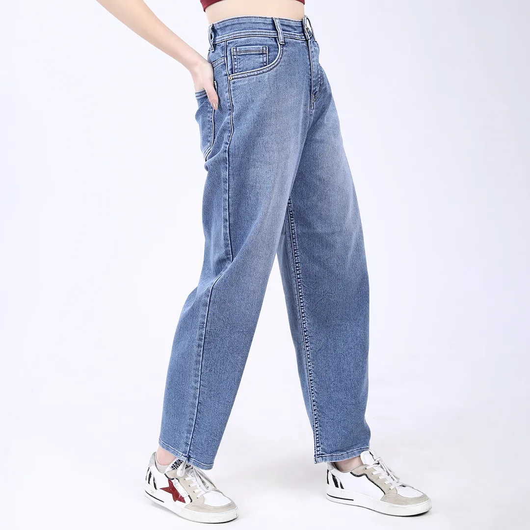 WOMEN'S SKY BLUE MID RISE BAGGY FIT JEANS