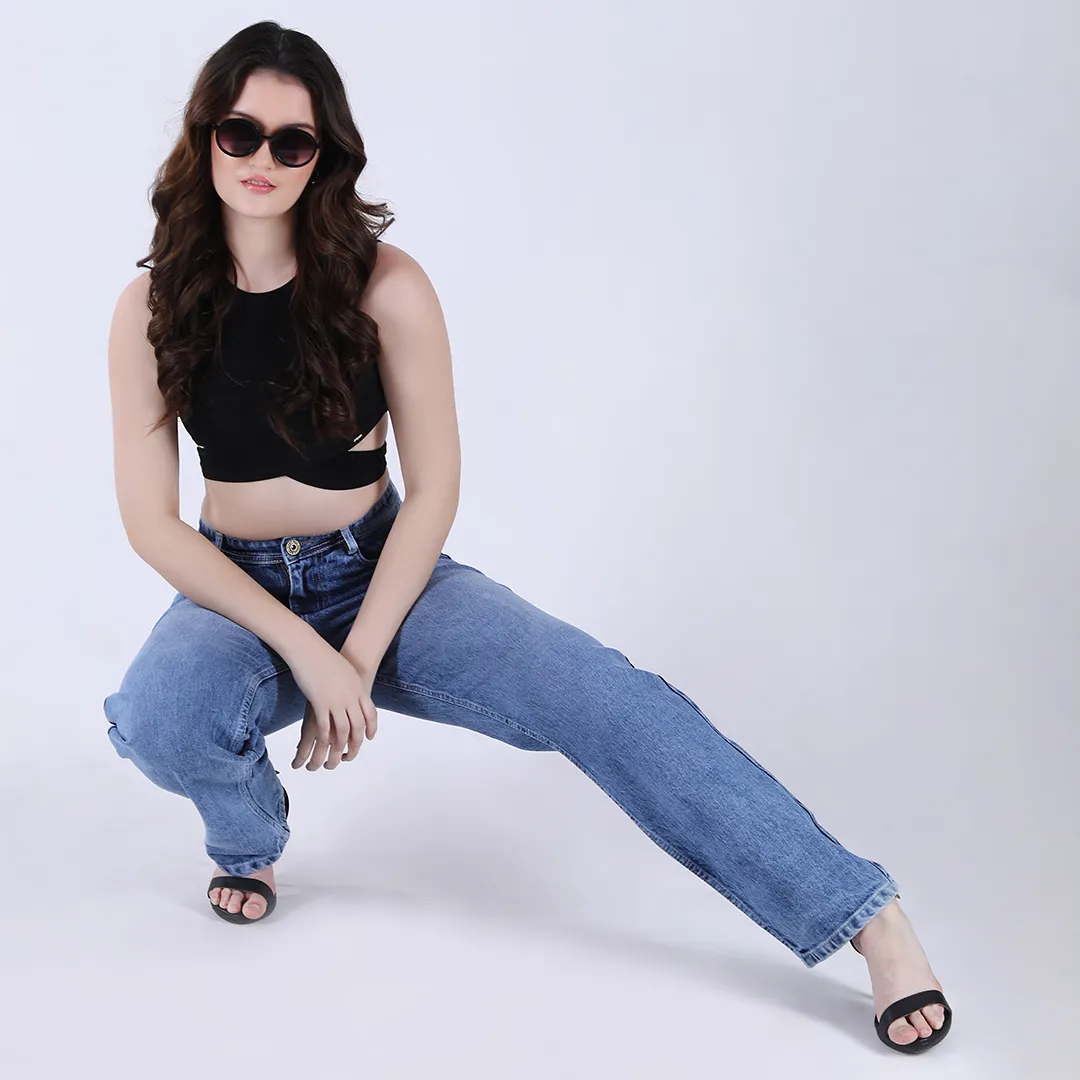 WOMEN'S BLUE MID RISE STRAIGHT FIT JEANS