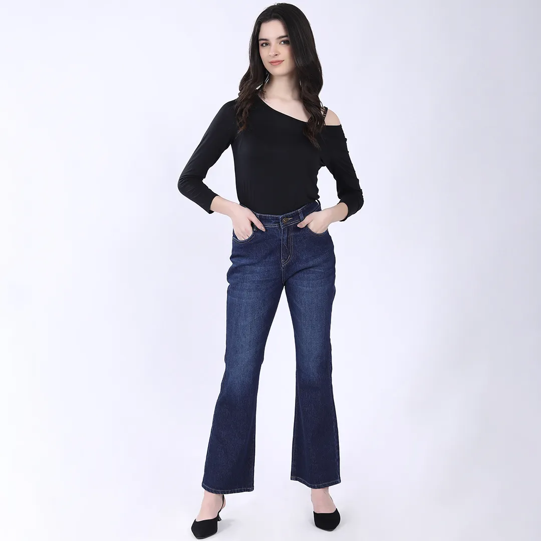 WOMEN'S NAVY BLUE MID RISE BELL BOTTOM JEANS