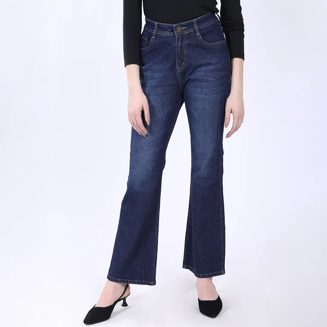 WOMEN'S NAVY BLUE MID RISE BELL BOTTOM JEANS