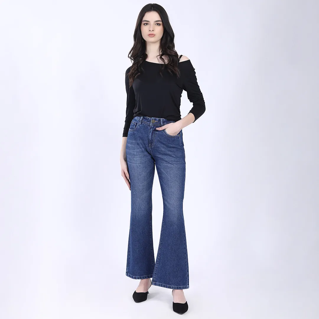 WOMEN'S BLUE MID RISE BELL BOTTOM JEANS