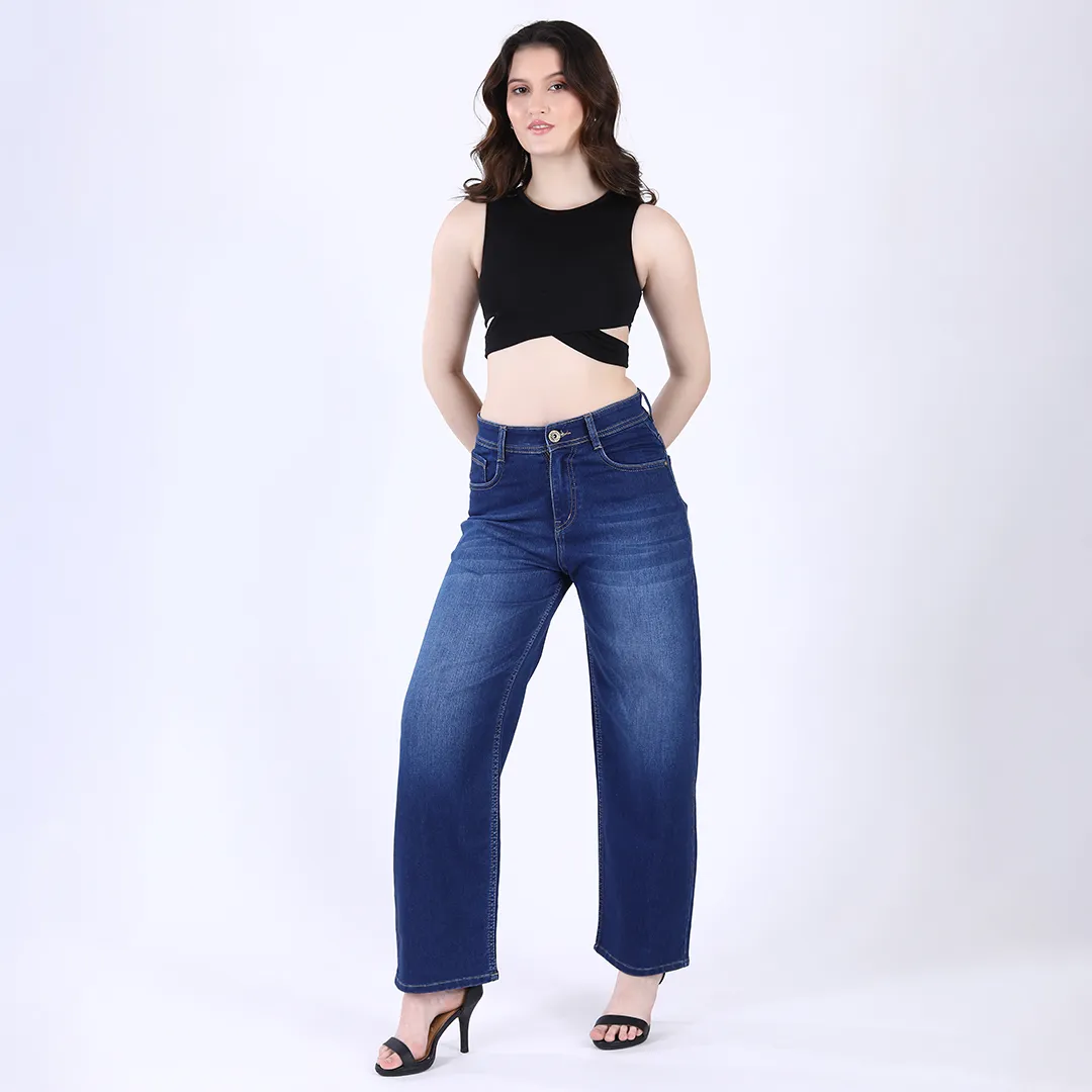 WOMEN'S NAVY BLUE MID RISE BAGGY FIT JEANS